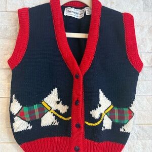 90s Eagle Eye Dog Pattern Knit Vest with Red Trim